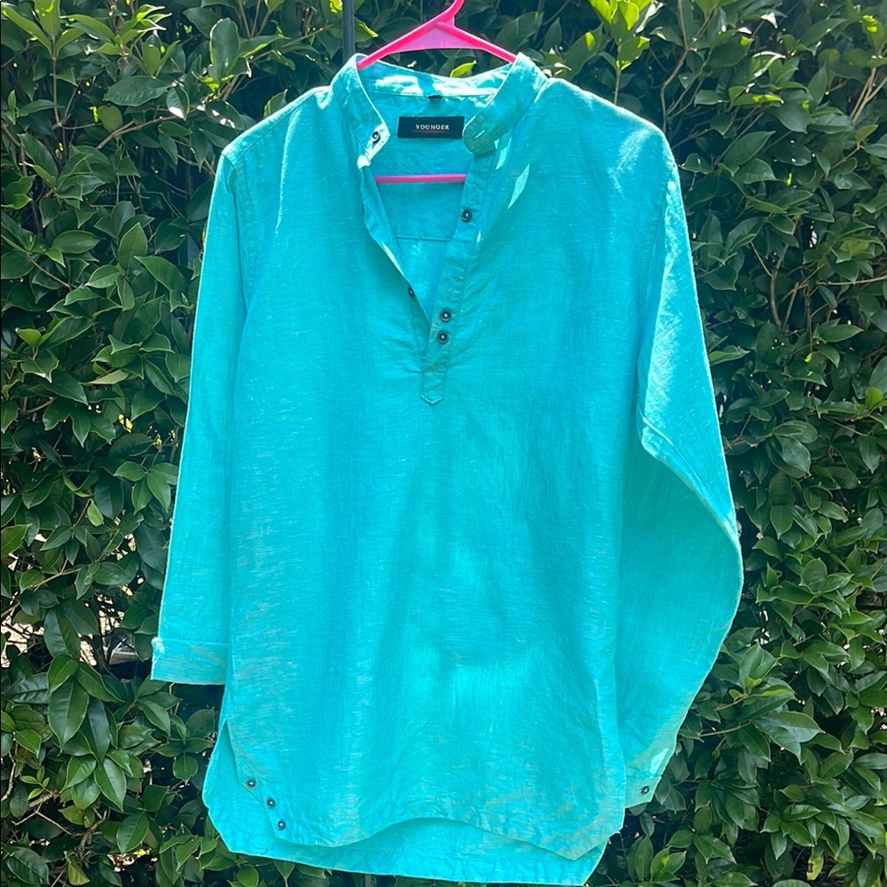 Linen Blend Aqua Blue long sleeve top size 36/XS